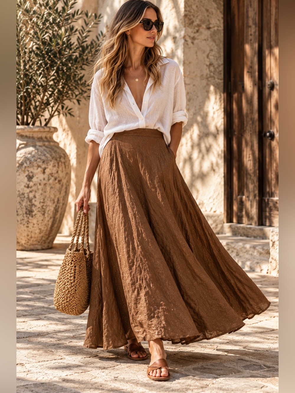 Sarah Pacini Crinkle Linen Lurex Full Maxi Skirt Brown Size 02 Medium